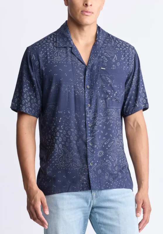 Santi Men's Paisley Print Short-Sleeve Shirt, Midnight Blue - BM24521 sold by Buffalo David Bitton