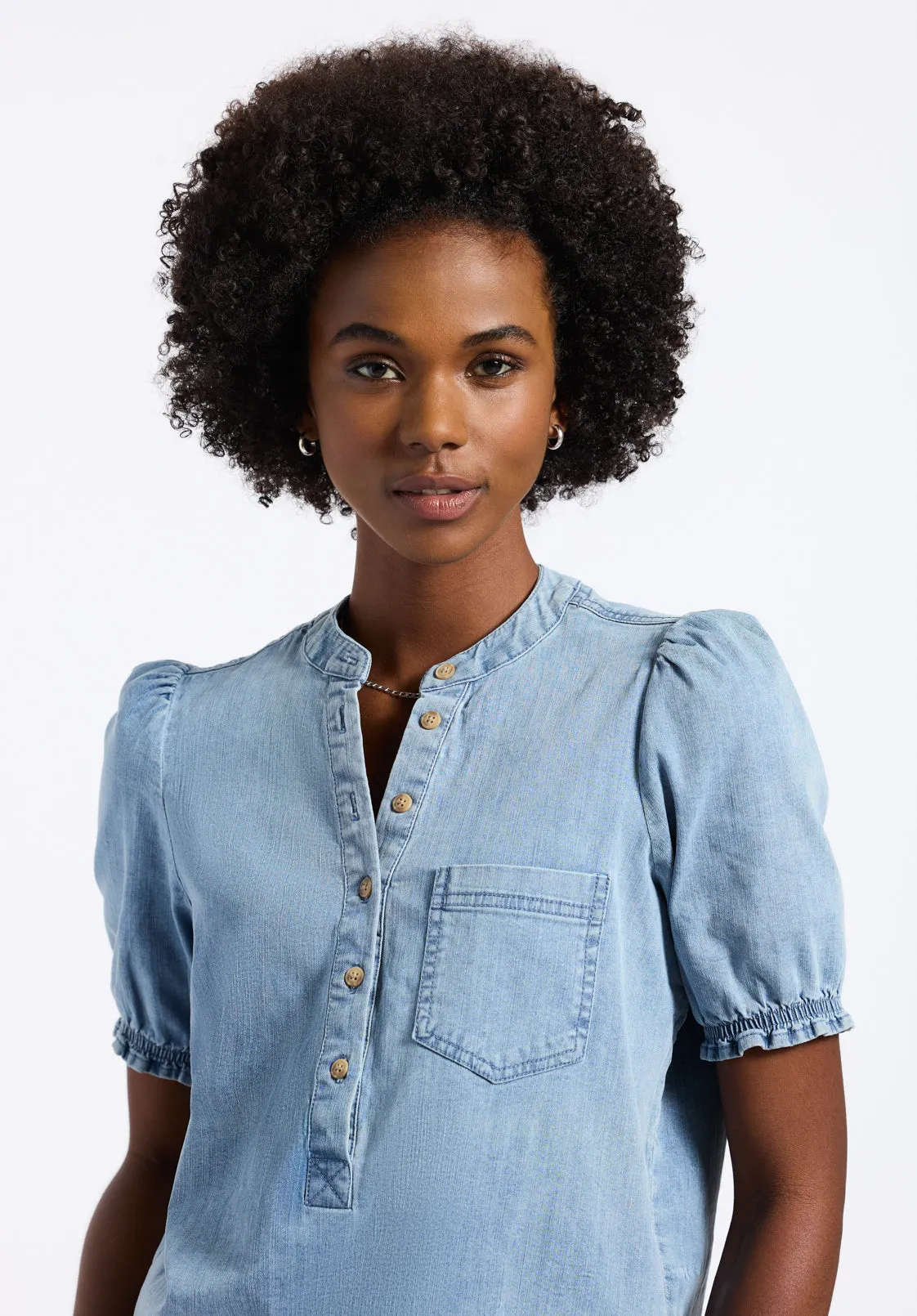 Lenore Women’s Puffed Sleeve Blouse, Classic Vintage Blue - WT0191P sold by Buffalo David Bitton product image thumbnail 2