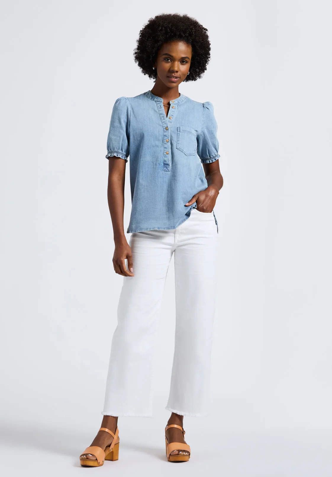 Lenore Women’s Puffed Sleeve Blouse, Classic Vintage Blue - WT0191P sold by Buffalo David Bitton product image thumbnail 5