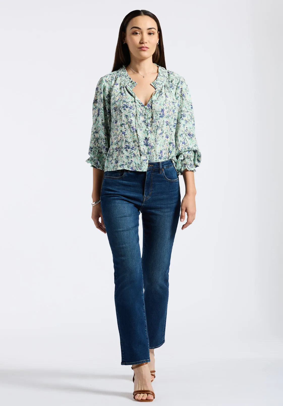 Maylah Women's Floral Print Long-Sleeve Smocked Blouse, Green Floral - WT0174P sold by Buffalo David Bitton product image thumbnail 5