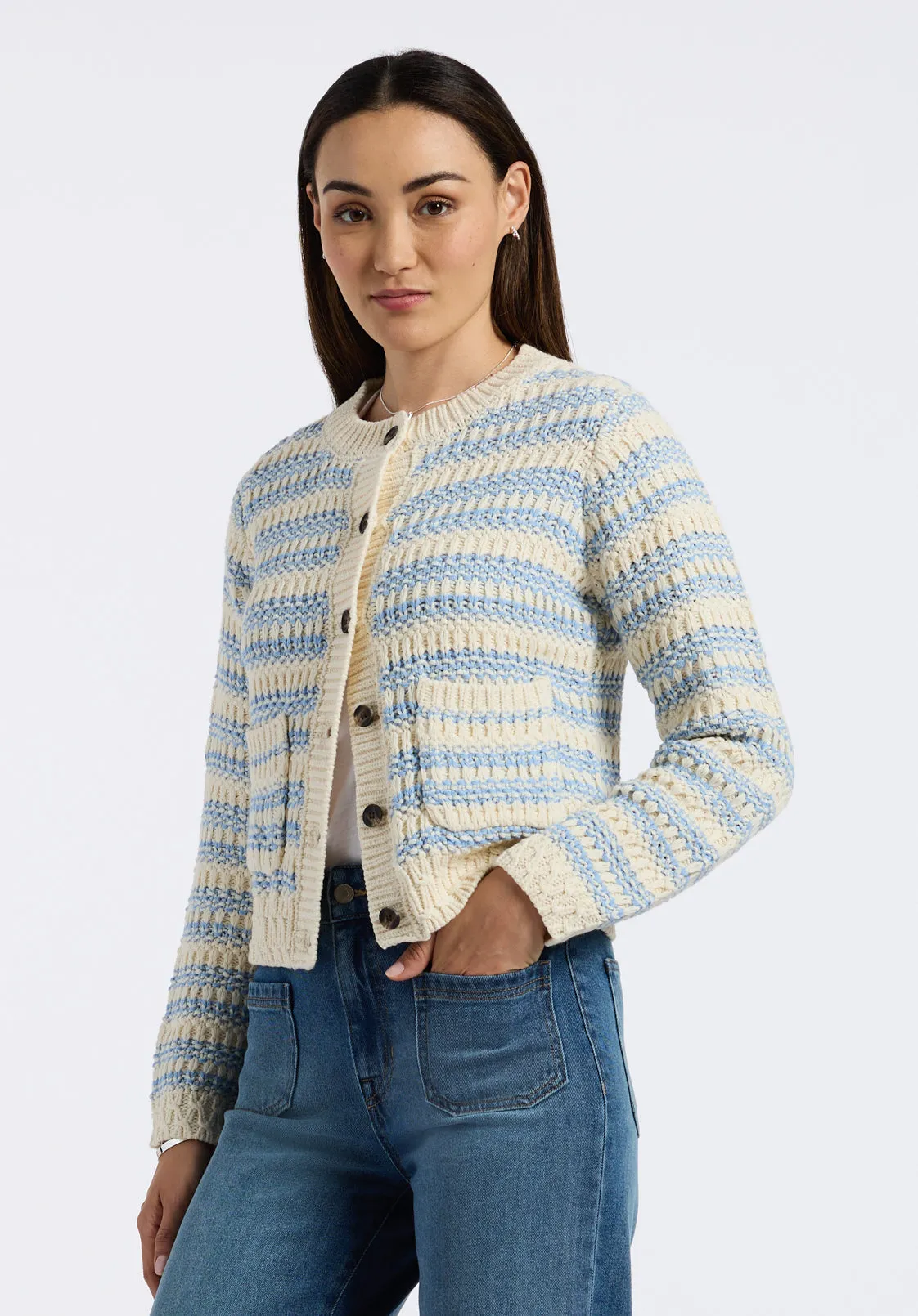 Amaranth Women's Striped Open Knit Cardigan, Cloud & Blue - SW0113P sold by Buffalo David Bitton product image thumbnail 3
