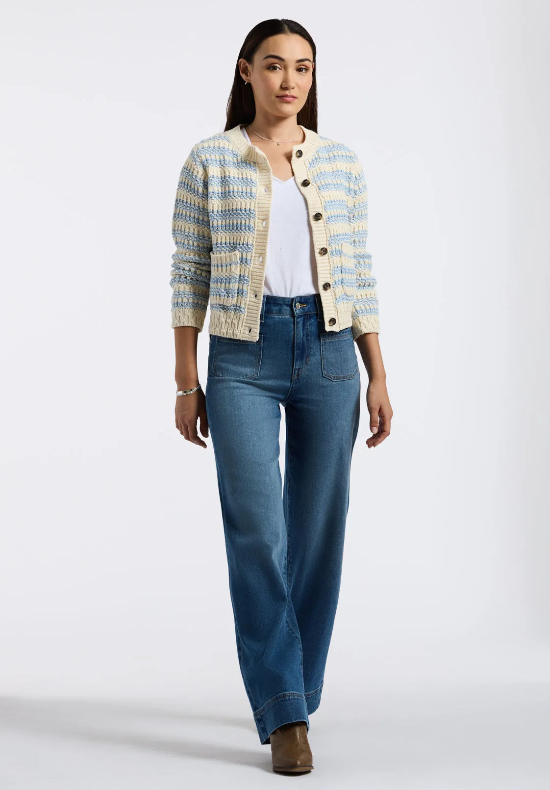 Amaranth Women's Striped Open Knit Cardigan, Cloud & Blue - SW0113P sold by Buffalo David Bitton product image thumbnail 5