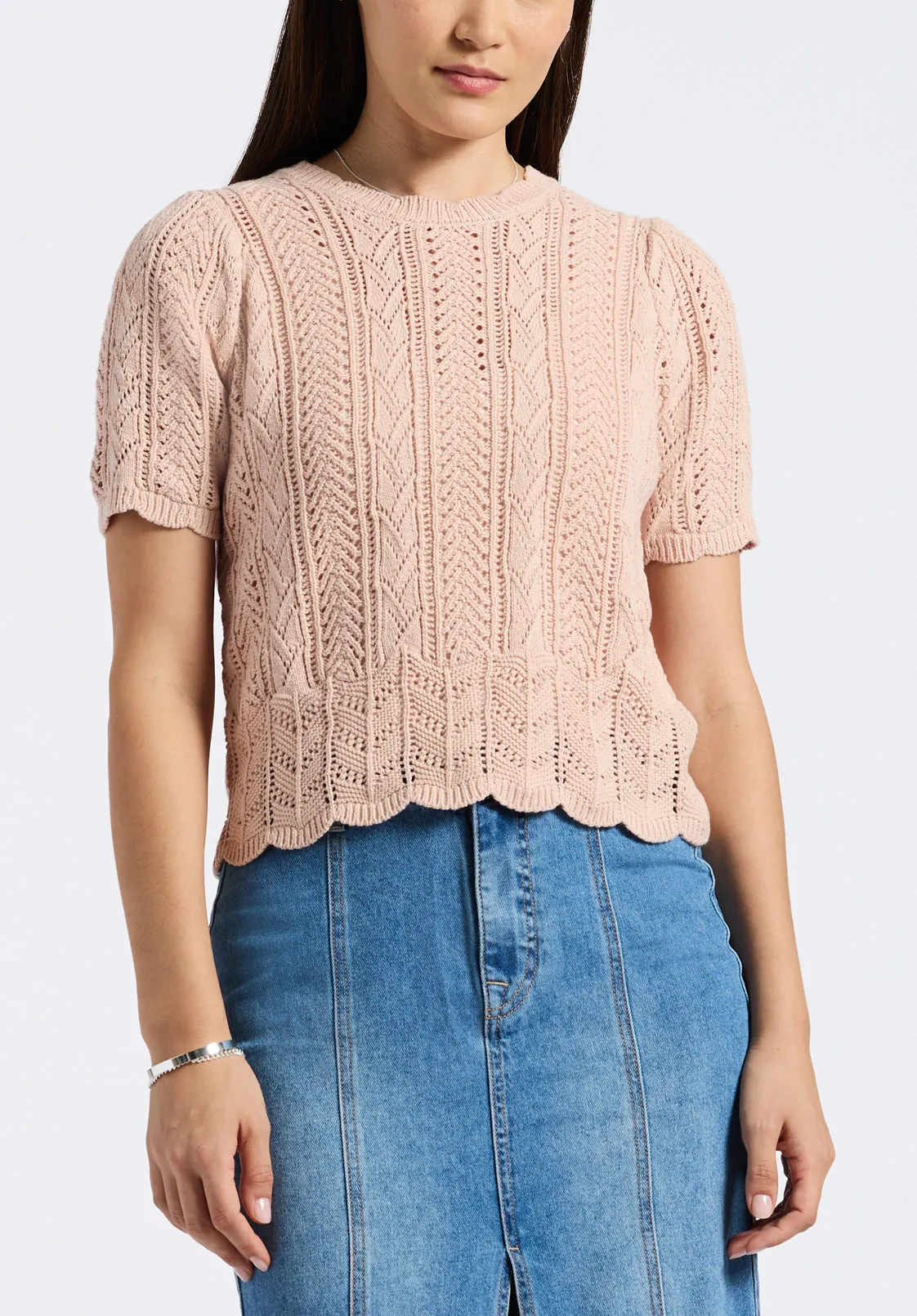 Posey Women's Short-Sleeve Crochet Knit Sweater Top, Cameo Rose - SW0108P sold by Buffalo David Bitton