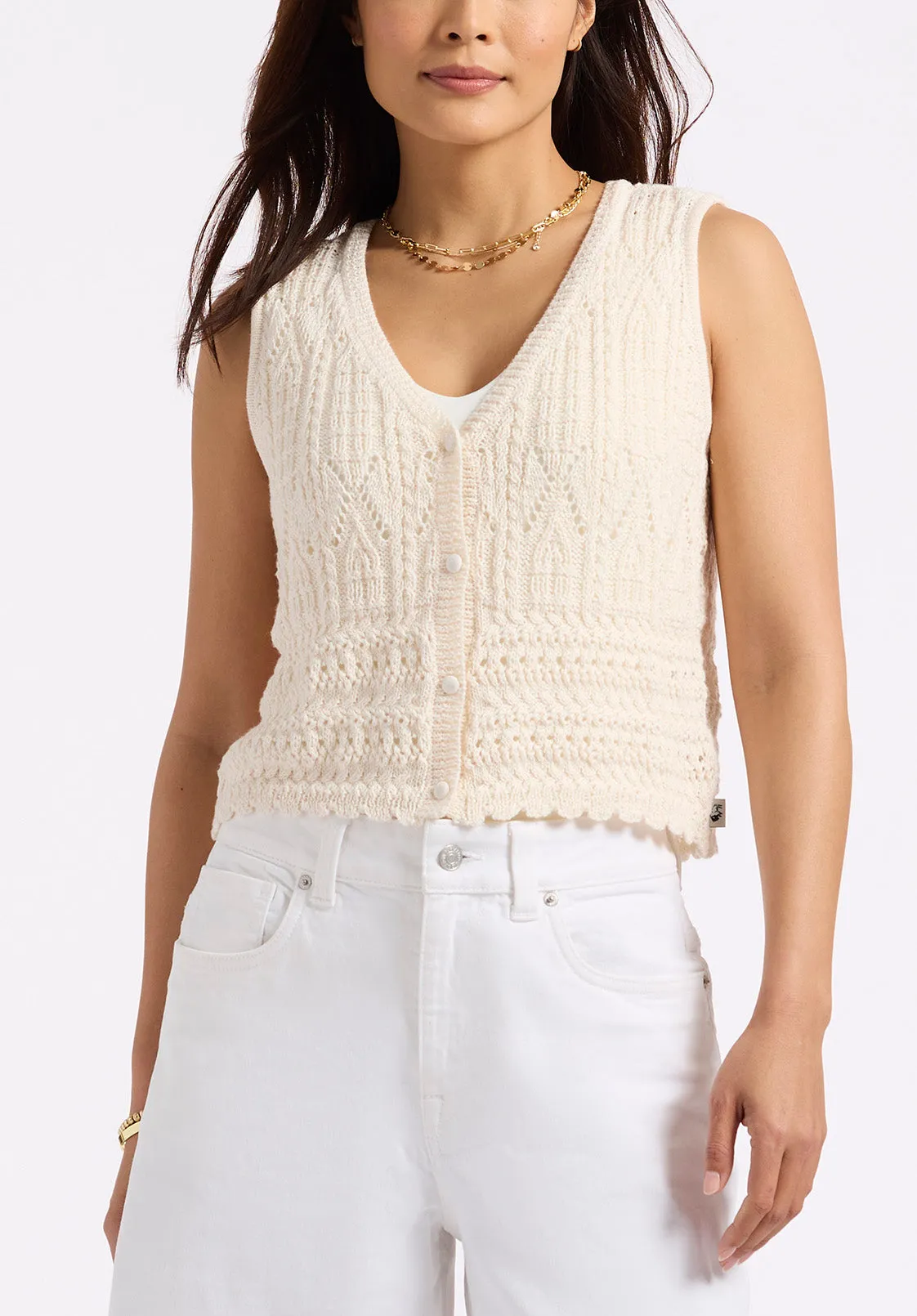 Merrybell Women's Pointelle Knit Button-Down Vest, Egret - SW0114P sold by Buffalo David Bitton