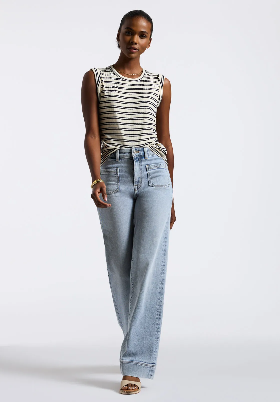 Elayne Women’s Striped Sleeveless Top, Marshmallow & Black - KT0180P sold by Buffalo David Bitton product image thumbnail 5