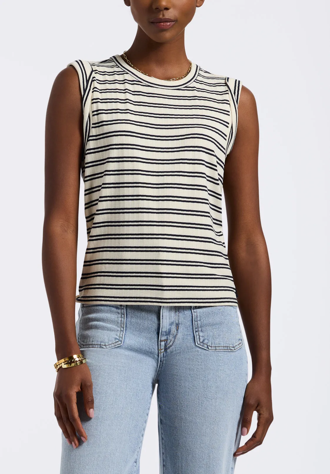 Elayne Women’s Striped Sleeveless Top, Marshmallow & Black - KT0180P sold by Buffalo David Bitton