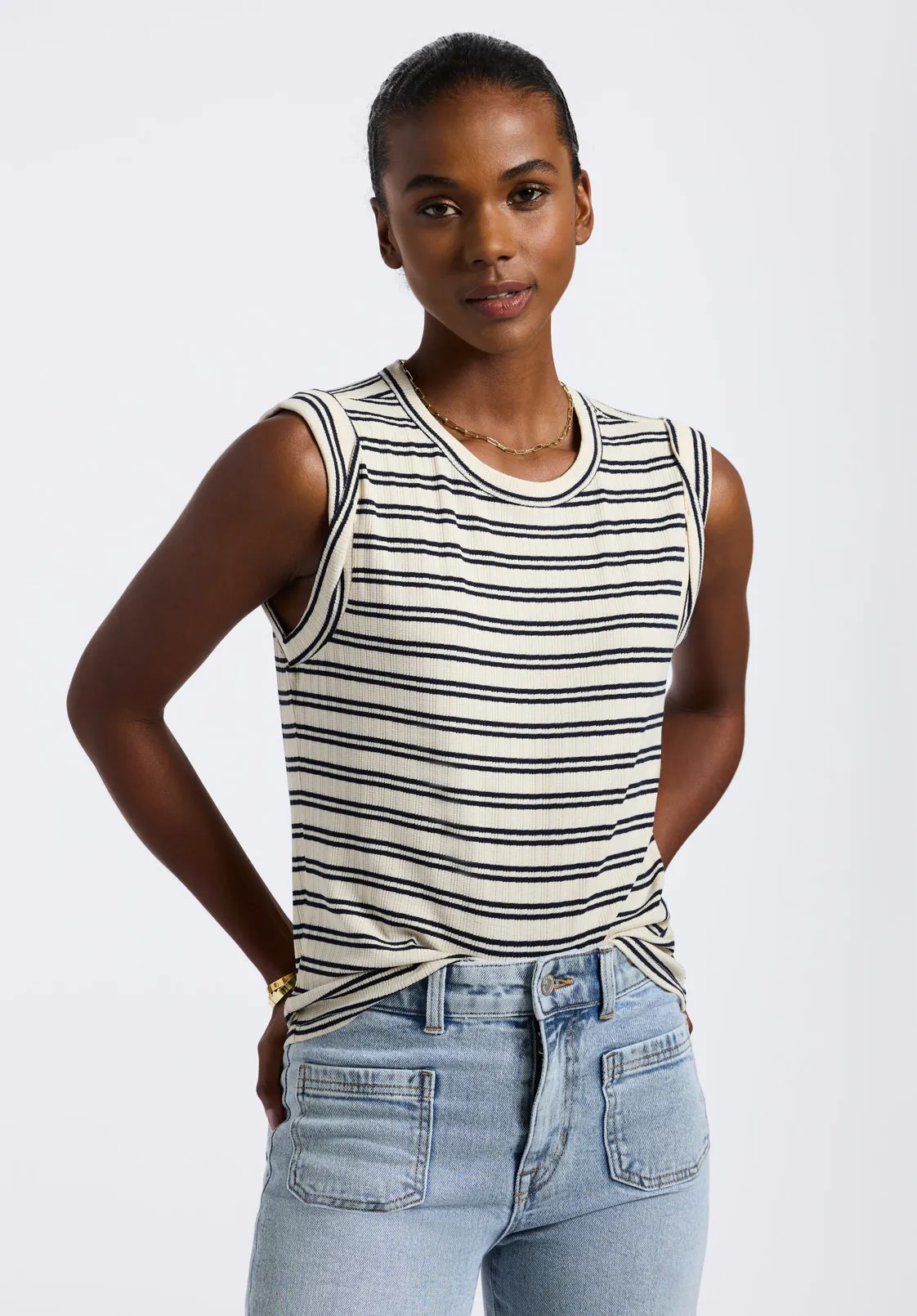 Elayne Women’s Striped Sleeveless Top, Marshmallow & Black - KT0180P sold by Buffalo David Bitton product image thumbnail 2