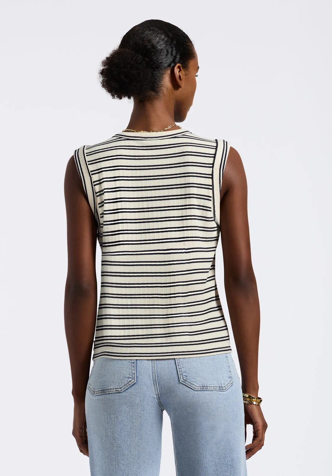 Elayne Women’s Striped Sleeveless Top, Marshmallow & Black - KT0180P sold by Buffalo David Bitton product image thumbnail 4