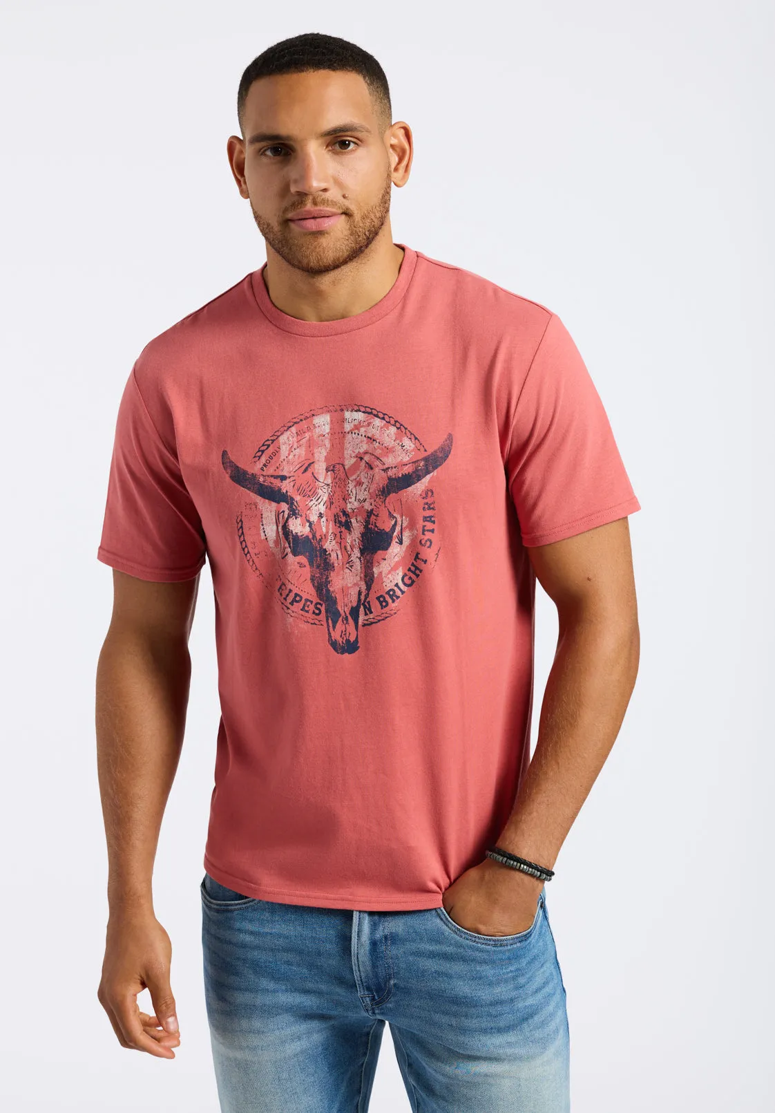 Tarz Men's Graphic T-Shirt with Bull Skull Motif, Miniral Red - BM24649 sold by Buffalo David Bitton product image thumbnail 2