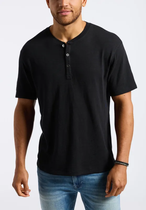 Kandido Men's Short Sleeve Slub Jersey Relaxed Henley Top, Black - BM24605 sold by Buffalo David Bitton