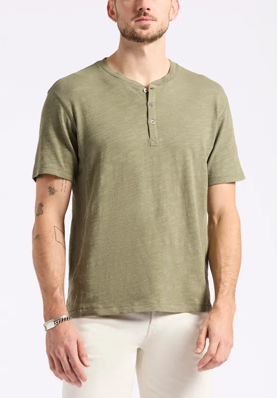 Kandido Men's Short Sleeve Slub Jersey Relaxed Henley Top, Army Green - BM24605 sold by Buffalo David Bitton