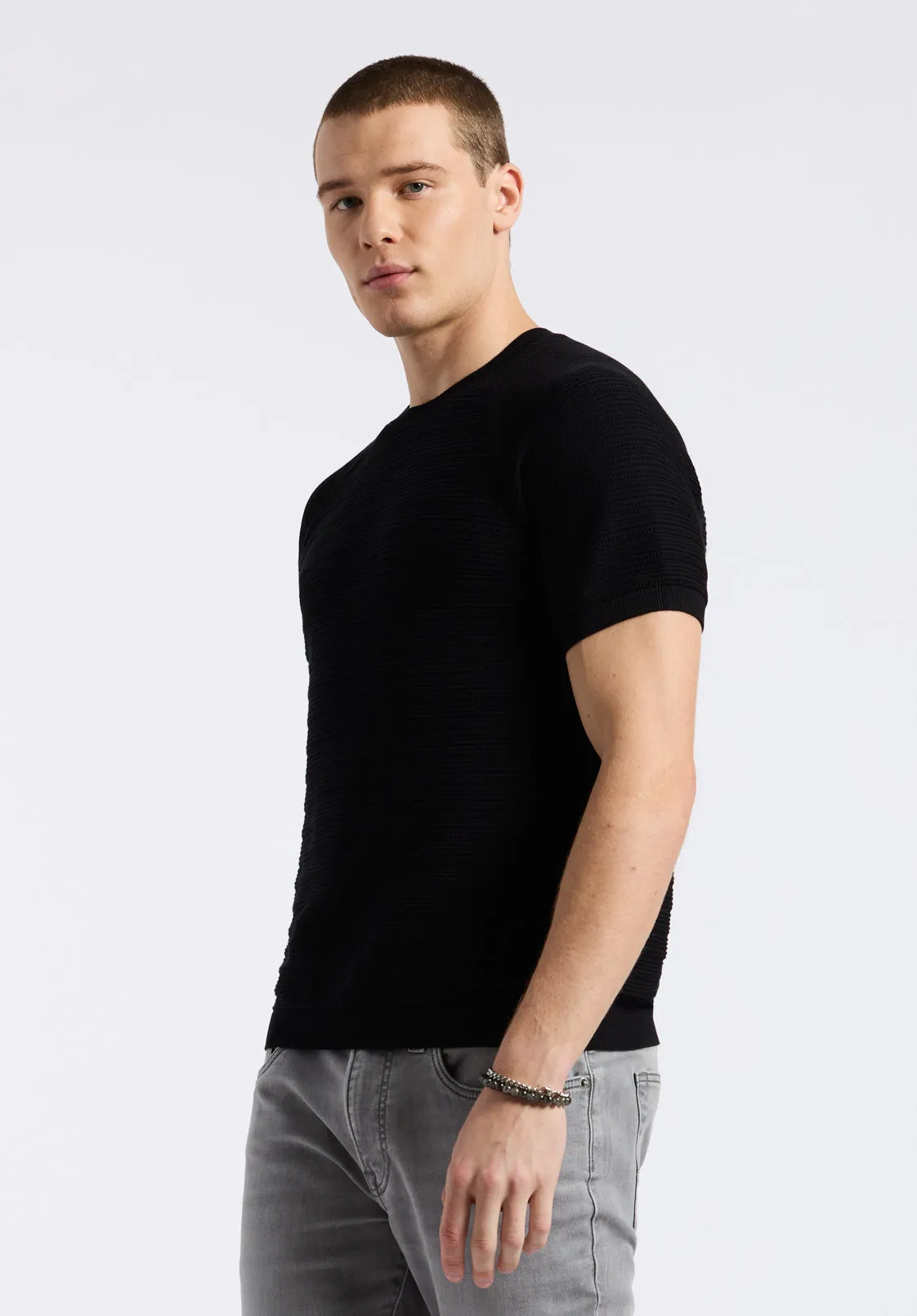 Wipped Men's Textured Knit Short-Sleeve Crewneck Sweater, Charcoal - BM24533 sold by Buffalo David Bitton product image thumbnail 3