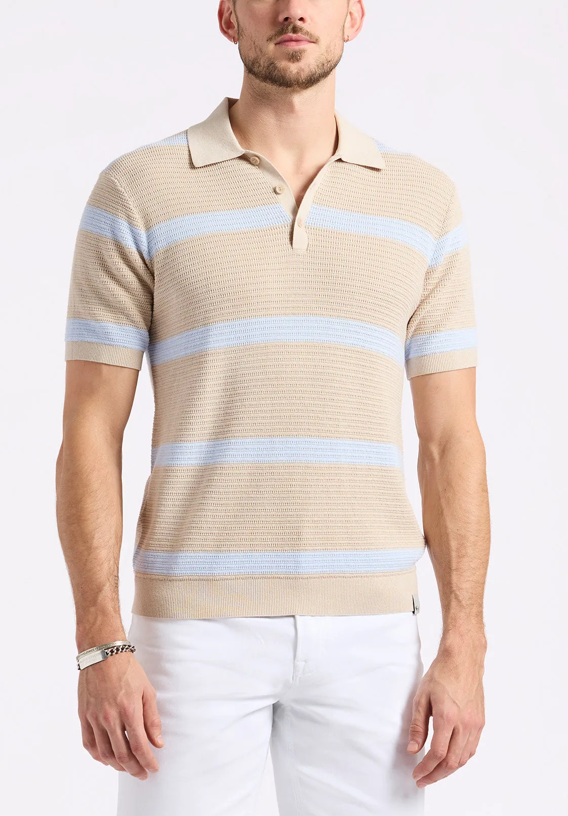 Winder Men's Short-Sleeve Striped Sweater Polo, Peyote Beige - BM24549 sold by Buffalo David Bitton