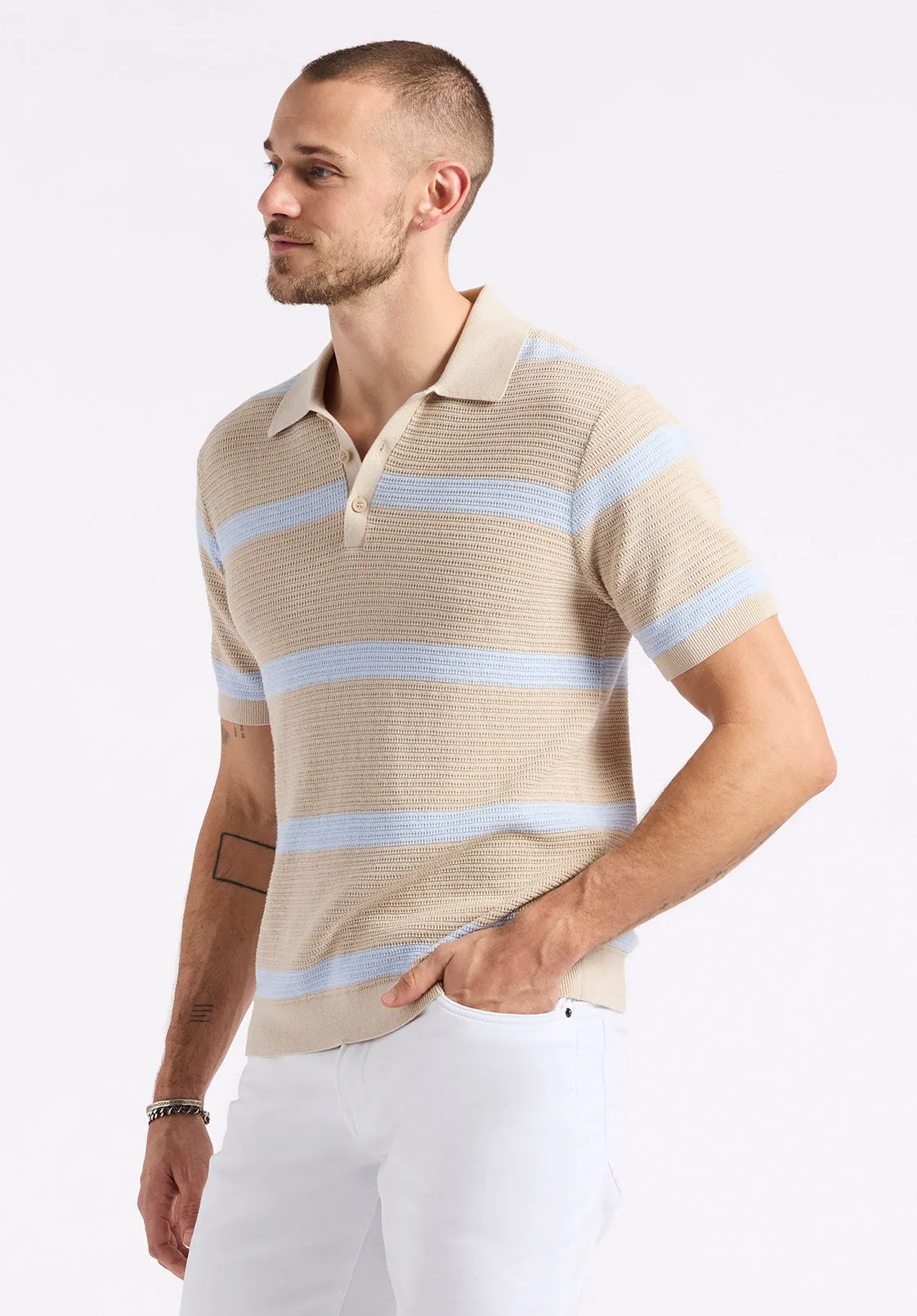 Winder Men's Short-Sleeve Striped Sweater Polo, Peyote Beige - BM24549 sold by Buffalo David Bitton product image thumbnail 3
