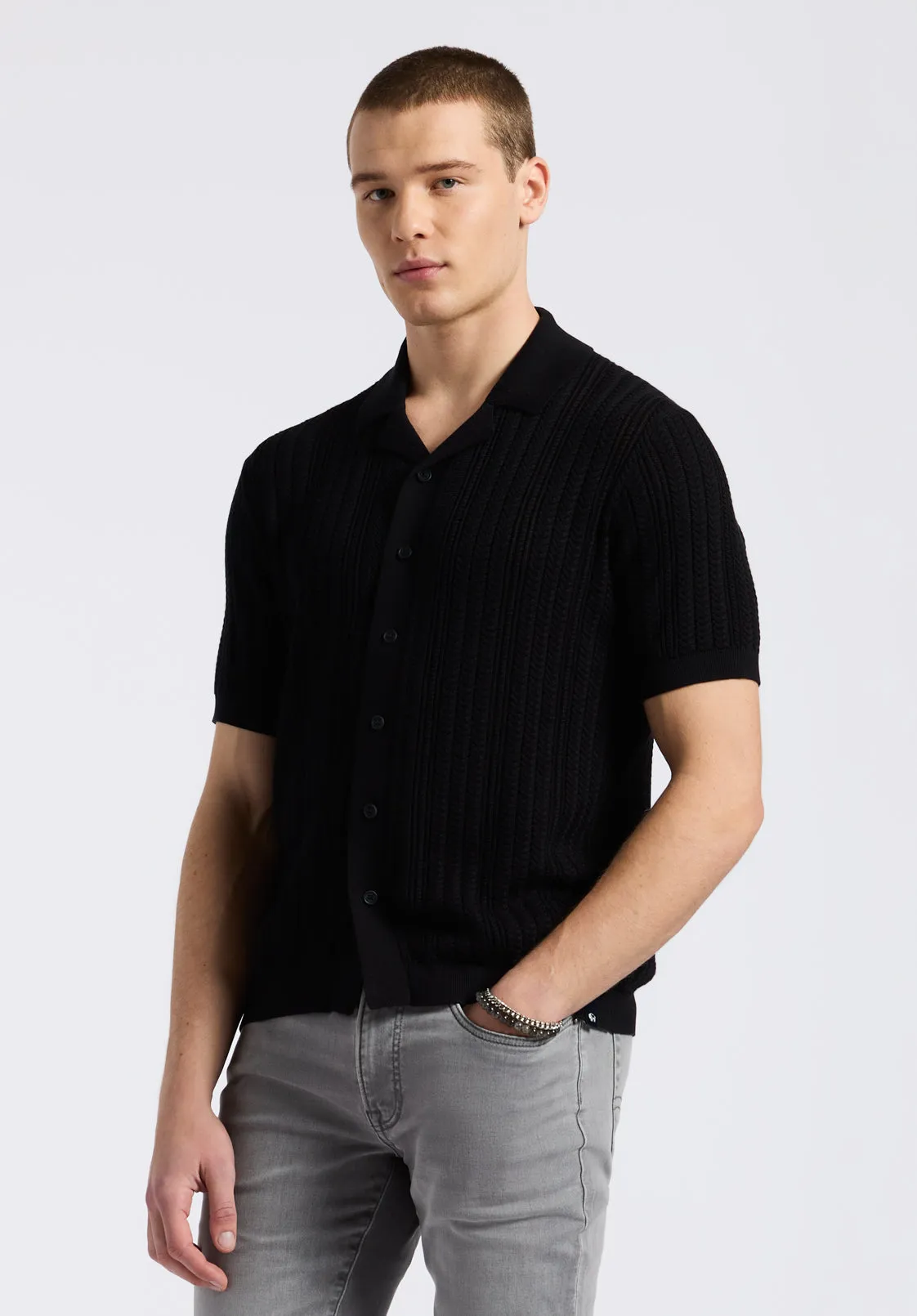 Wasko Men's Cable-Knit Short-Sleeve Button-Up Polo, Black - BM24540 sold by Buffalo David Bitton product image thumbnail 3