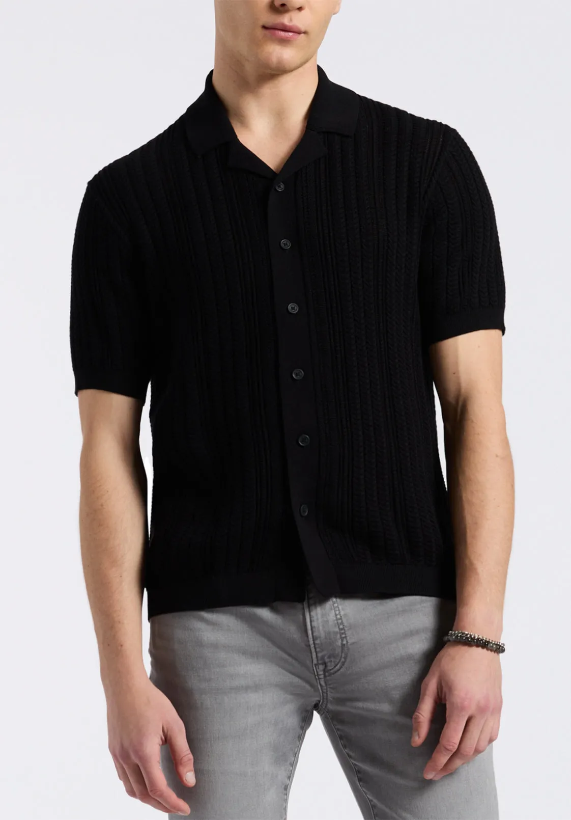 Wasko Men's Cable-Knit Short-Sleeve Button-Up Polo, Black - BM24540 sold by Buffalo David Bitton