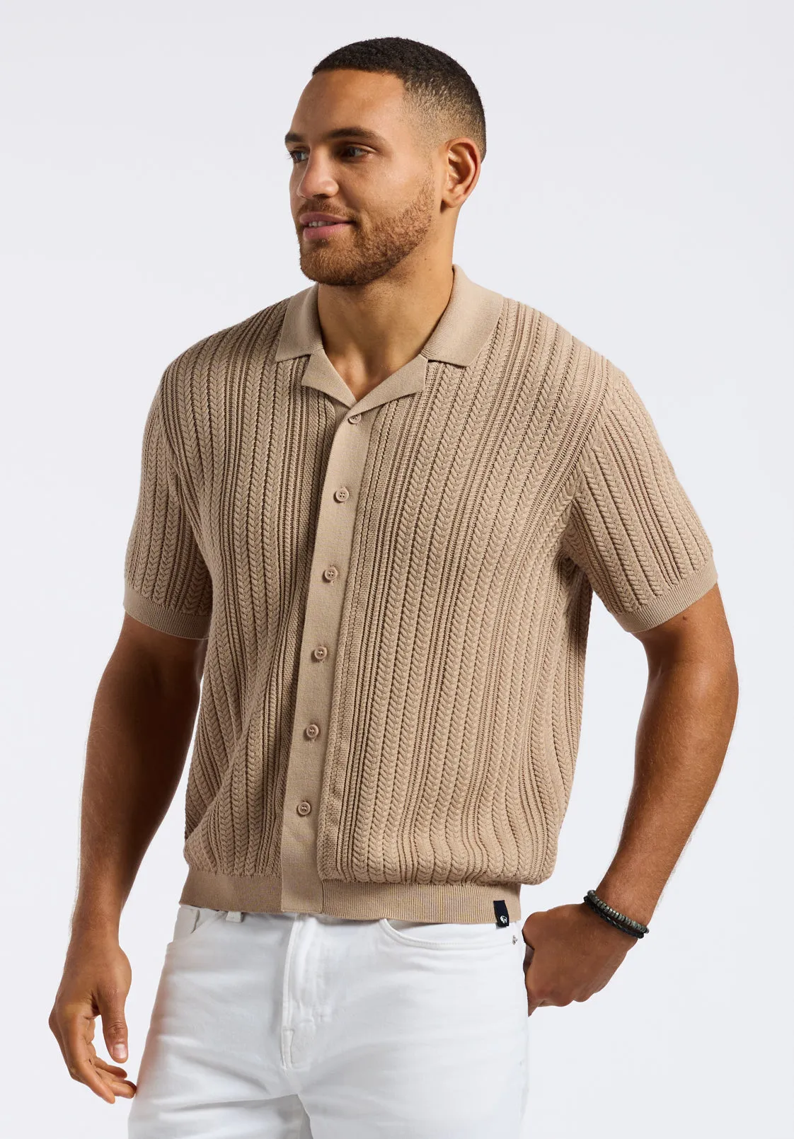 Wasko Men's Cable-Knit Short-Sleeve Button-Up Polo, Tuffet Beige - BM24540 sold by Buffalo David Bitton product image thumbnail 2