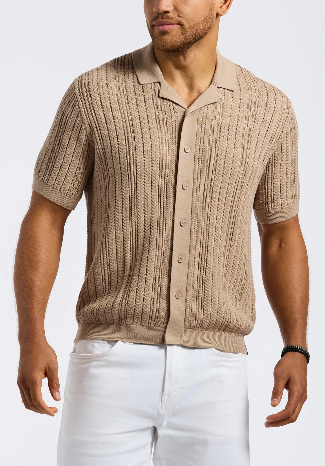Wasko Men's Cable-Knit Short-Sleeve Button-Up Polo, Tuffet Beige - BM24540 sold by Buffalo David Bitton