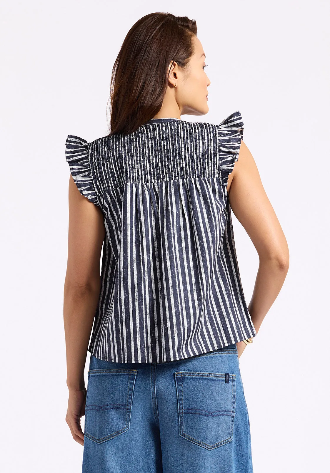 Alda Women's Striped Flutter-Sleeve Top with Smocked Details, Indigo - WT0157P sold by Buffalo David Bitton product image thumbnail 4