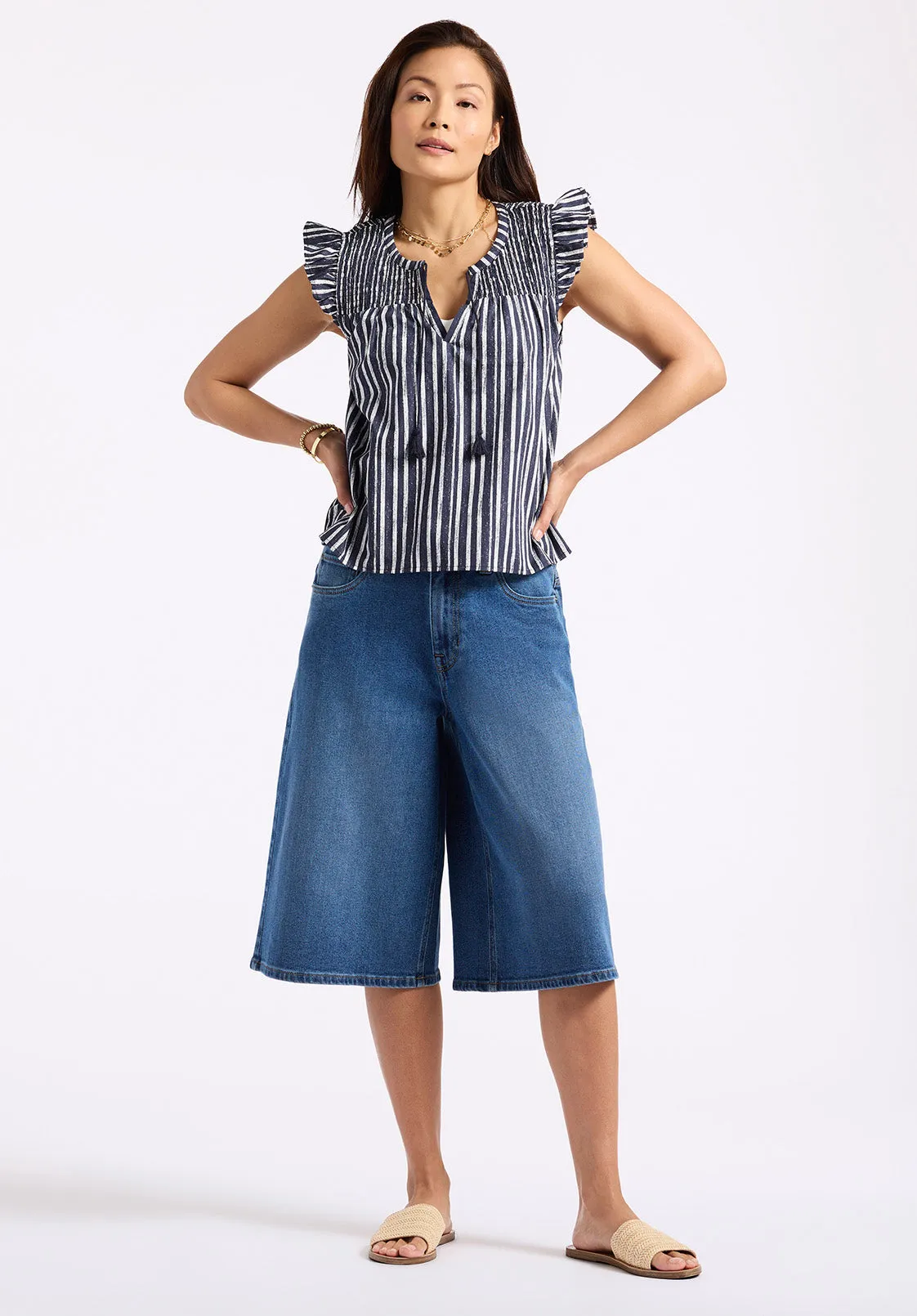 Alda Women's Striped Flutter-Sleeve Top with Smocked Details, Indigo - WT0157P sold by Buffalo David Bitton product image thumbnail 5