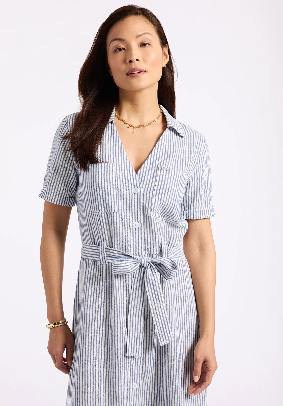Carlene Women's Striped Button-Down Midi Dress with Waist Tie, Navy - WD0105P sold by Buffalo David Bitton product image thumbnail 5