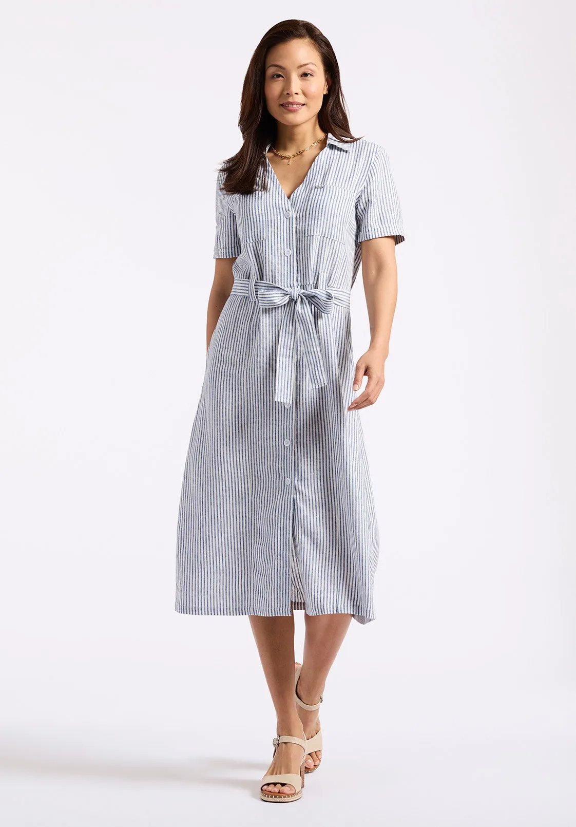 Carlene Women's Striped Button-Down Midi Dress with Waist Tie, Navy - WD0105P sold by Buffalo David Bitton product image thumbnail 2