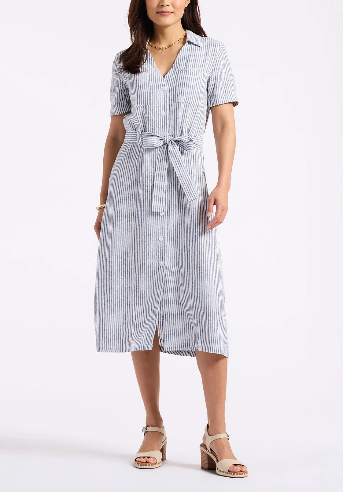 Carlene Women's Striped Button-Down Midi Dress with Waist Tie, Navy - WD0105P sold by Buffalo David Bitton