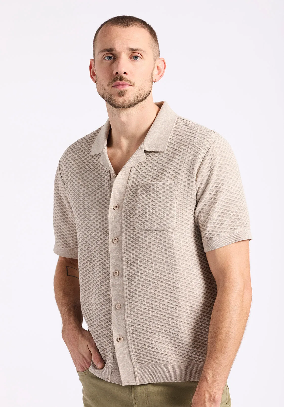 Willow Men's Short Sleeve Jacquard Jersey Button-Up Sweater, Tuffet Beige - BM24600 sold by Buffalo David Bitton product image thumbnail 2