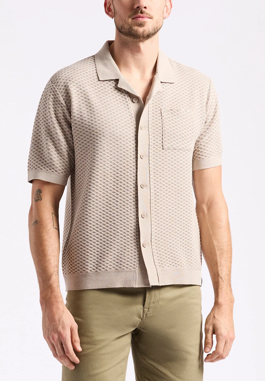 Willow Men's Short Sleeve Jacquard Jersey Button-Up Sweater, Tuffet Beige - BM24600 sold by Buffalo David Bitton