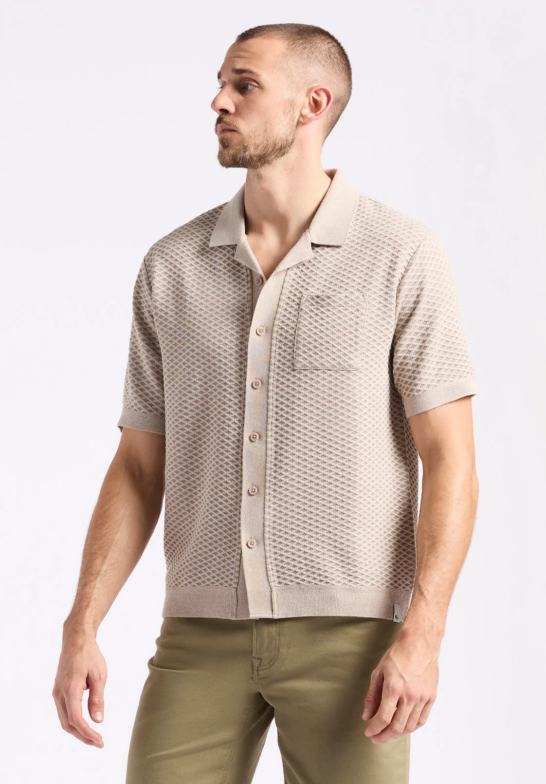 Willow Men's Short Sleeve Jacquard Jersey Button-Up Sweater, Tuffet Beige - BM24600 sold by Buffalo David Bitton product image thumbnail 3