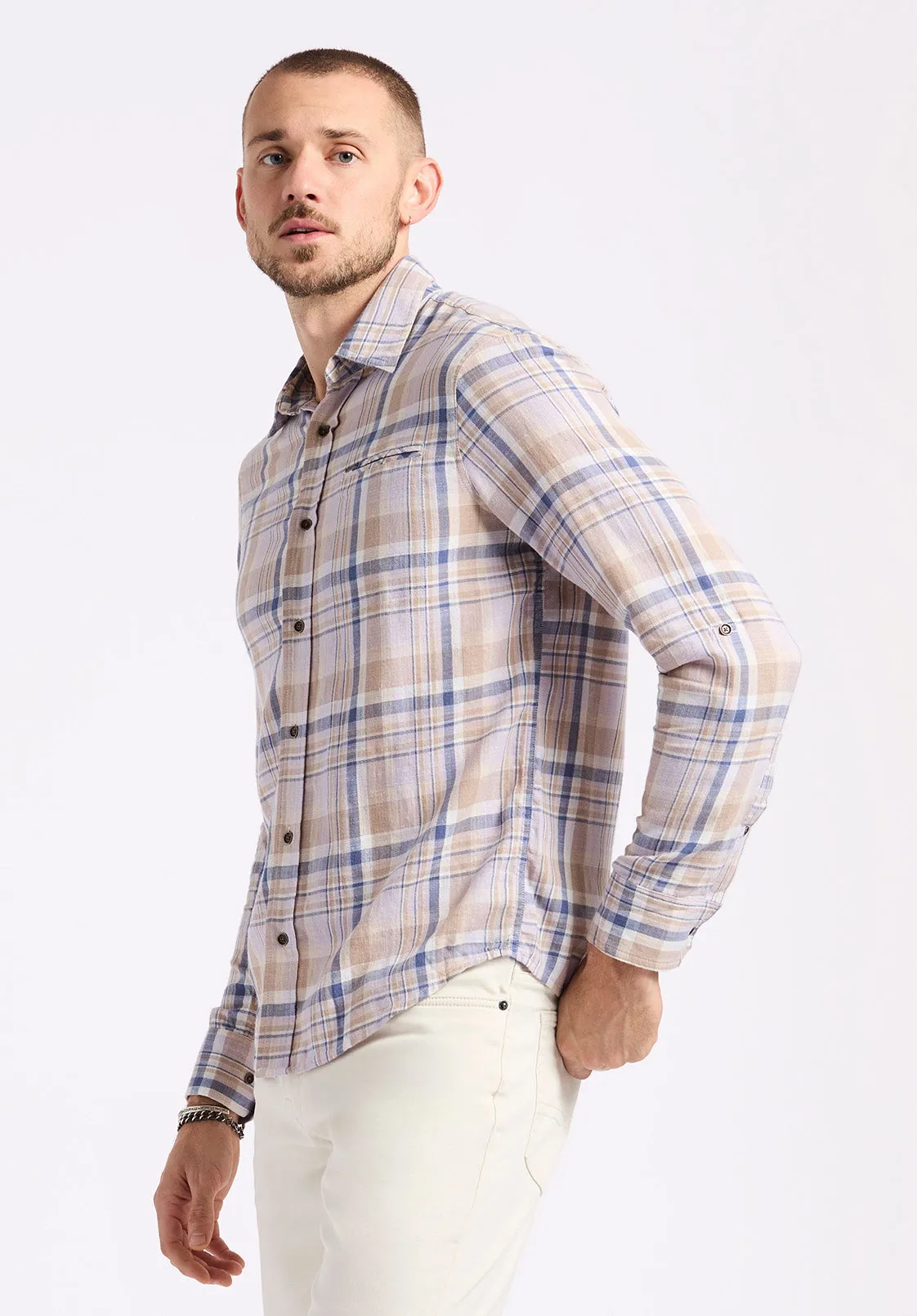 Simbio Men's Long-Sleeve Plaid Fitted Shirt, Beige & Blue - BM24596 sold by Buffalo David Bitton product image thumbnail 3