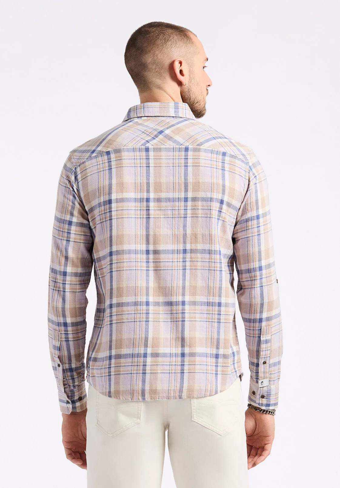 Simbio Men's Long-Sleeve Plaid Fitted Shirt, Beige & Blue - BM24596 sold by Buffalo David Bitton product image thumbnail 4