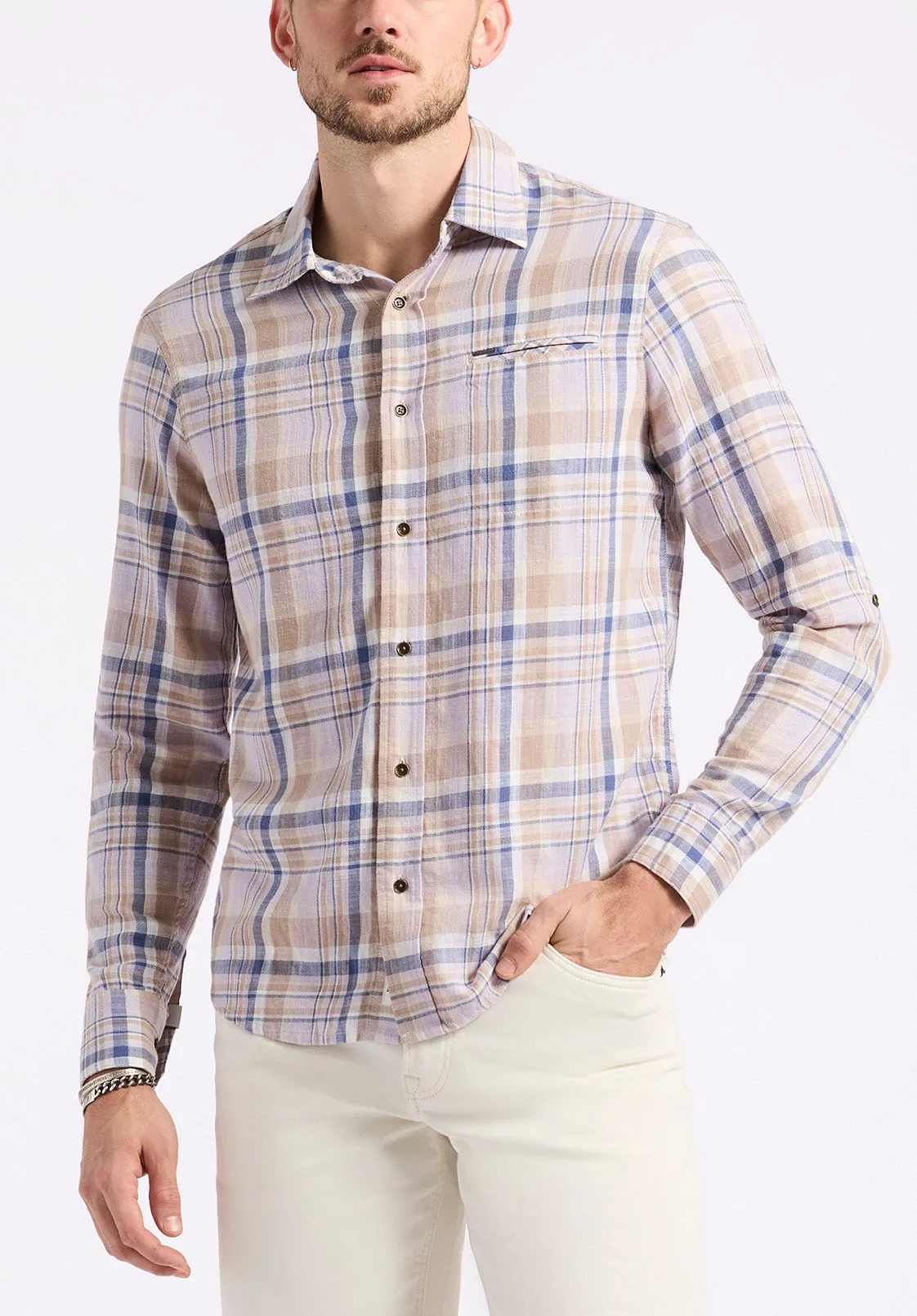 Simbio Men's Long-Sleeve Plaid Fitted Shirt, Beige & Blue - BM24596 sold by Buffalo David Bitton