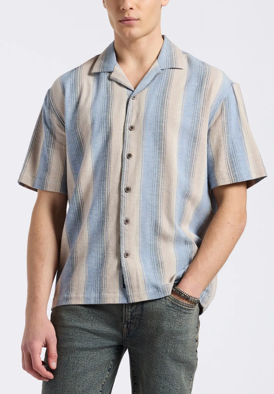 Salaman Men's Short-Sleeve Striped Camp Shirt, Moonlight Blue - BM24556 sold by Buffalo David Bitton
