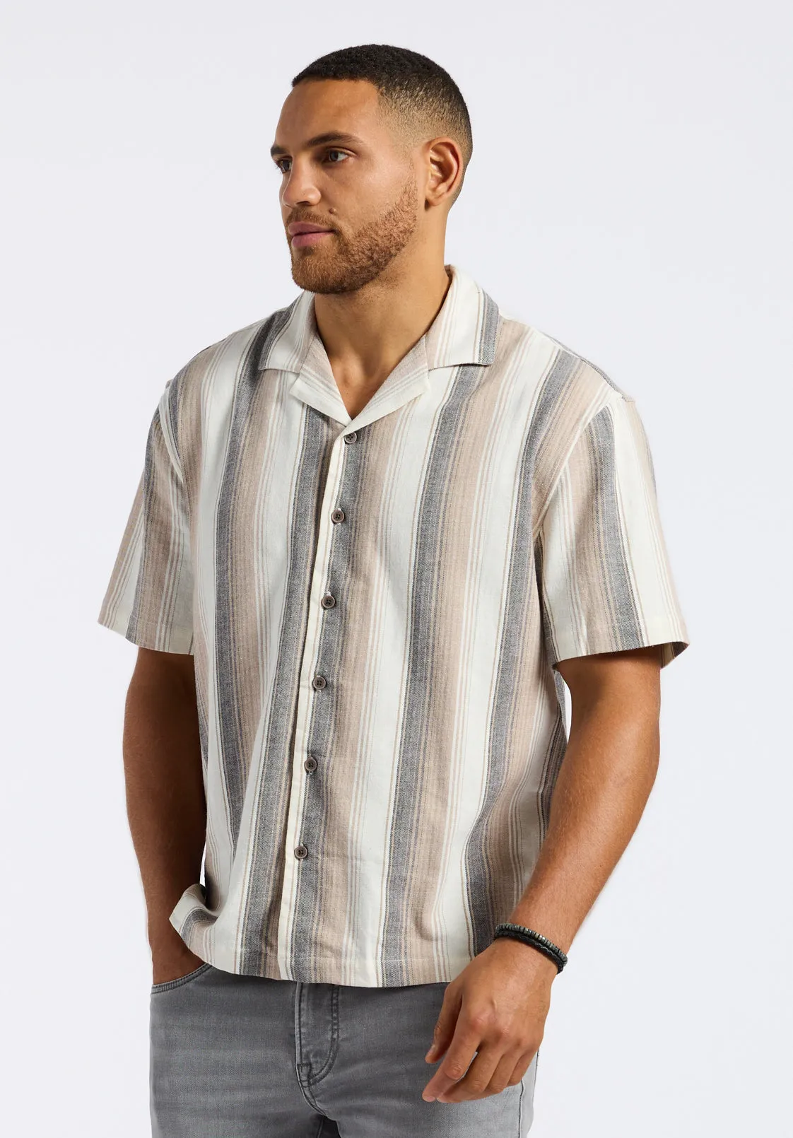 Salaman Men's Short-Sleeve Striped Camp Shirt, Woodsmoke Beige - BM24556 sold by Buffalo David Bitton product image thumbnail 2