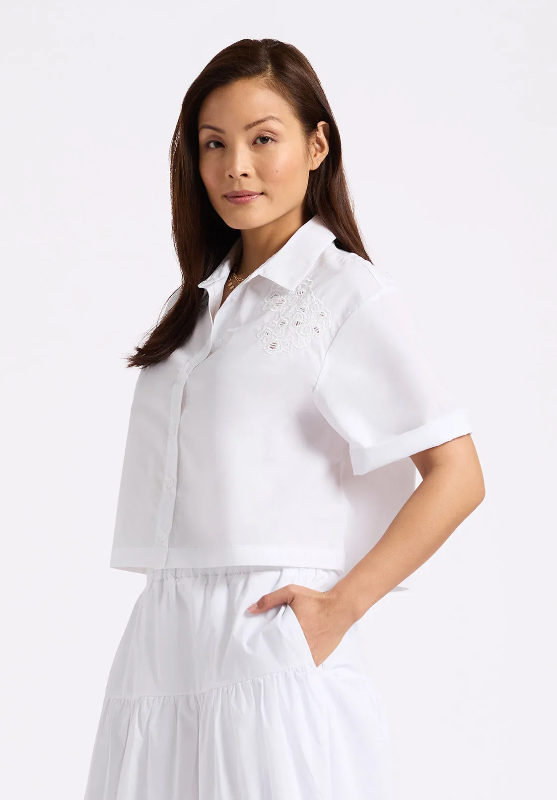 Sorcha Women's Short Sleeve Lace Detail Button-Up Blouse, White - WT0158P sold by Buffalo David Bitton product image thumbnail 2
