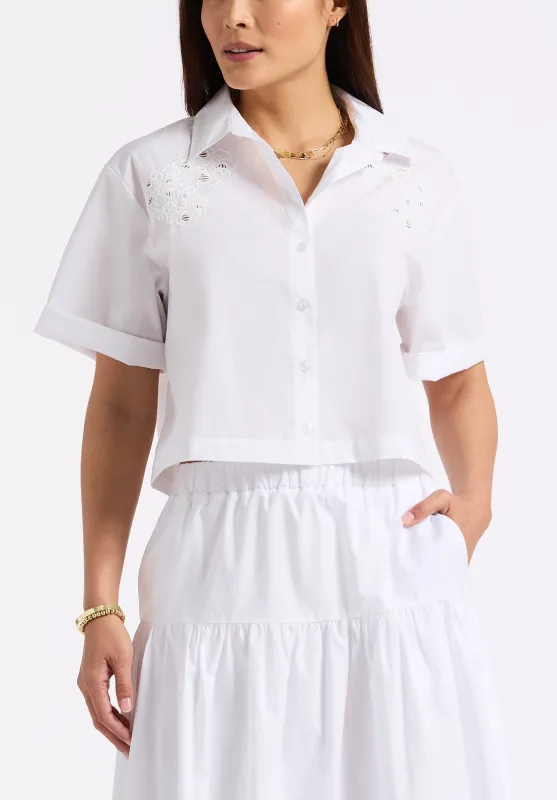 Sorcha Women's Short-Sleeve Cropped Shirt with Embroidered Floral Details, White - WT0158P made by Buffalo David Bitton