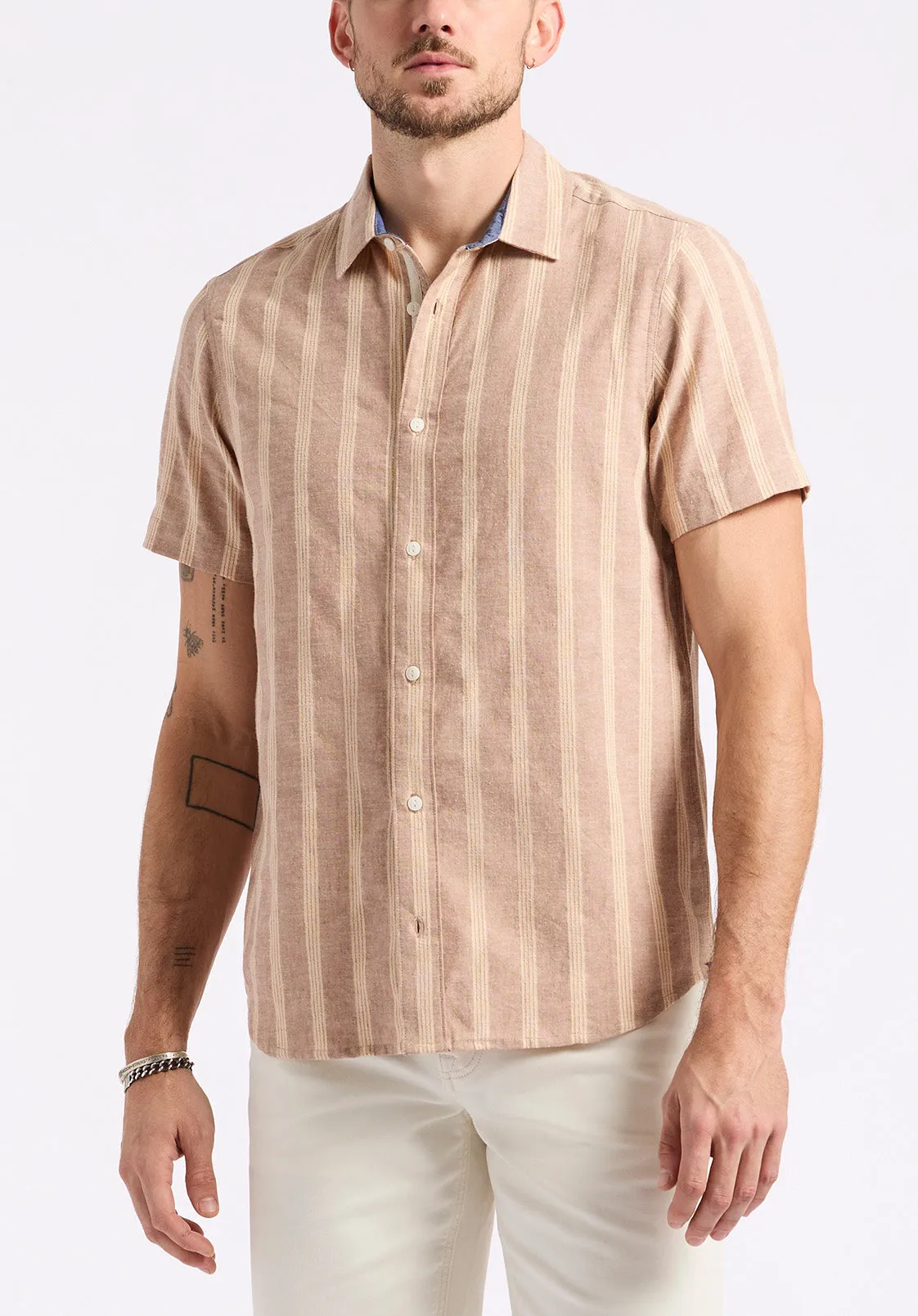 Sagrino Men's Short-Sleeve Striped Fitted Shirt, Woodsmoke Beige - BM24564 sold by Buffalo David Bitton