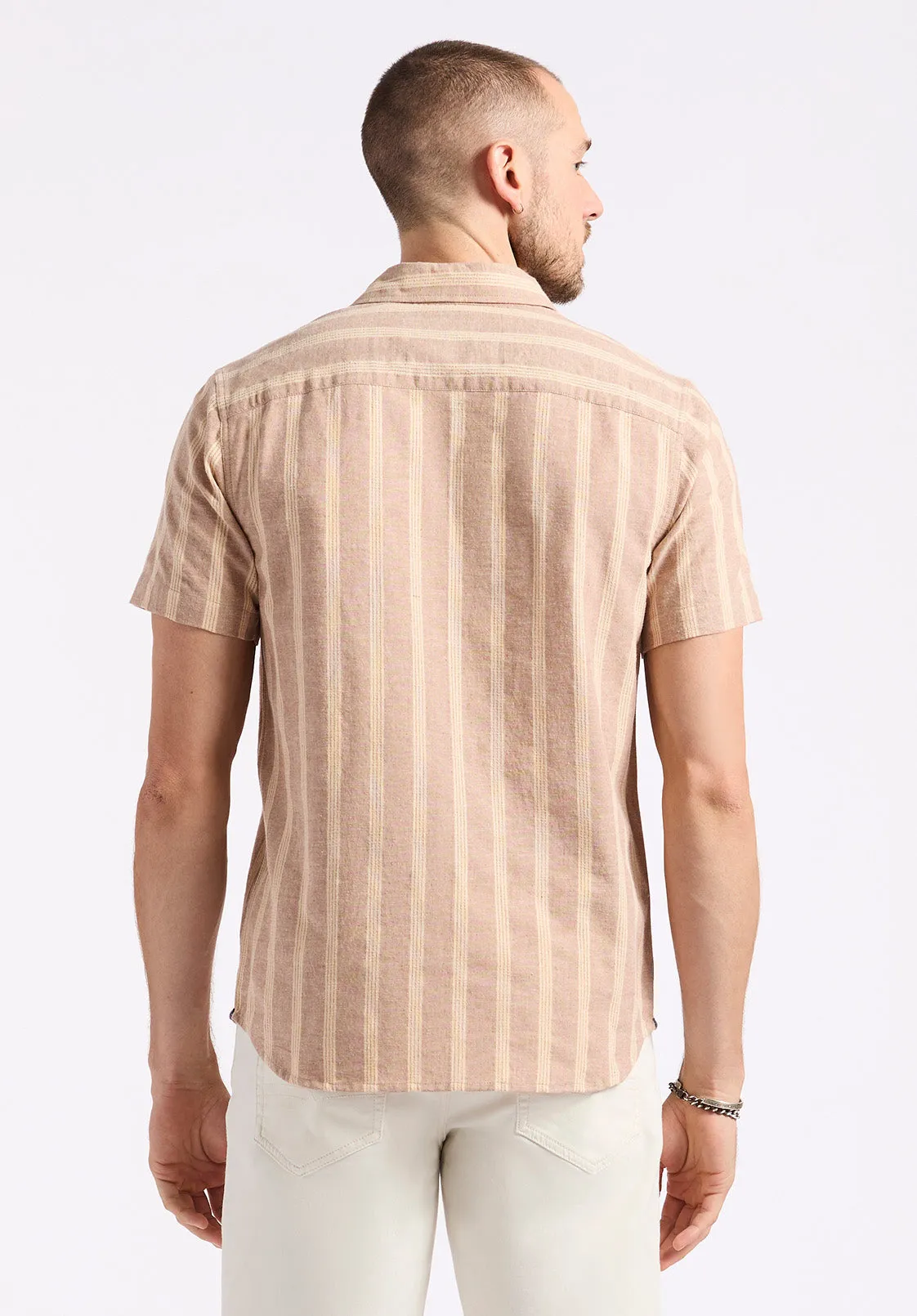 Sagrino Men's Short-Sleeve Striped Fitted Shirt, Woodsmoke Beige - BM24564 sold by Buffalo David Bitton product image thumbnail 4