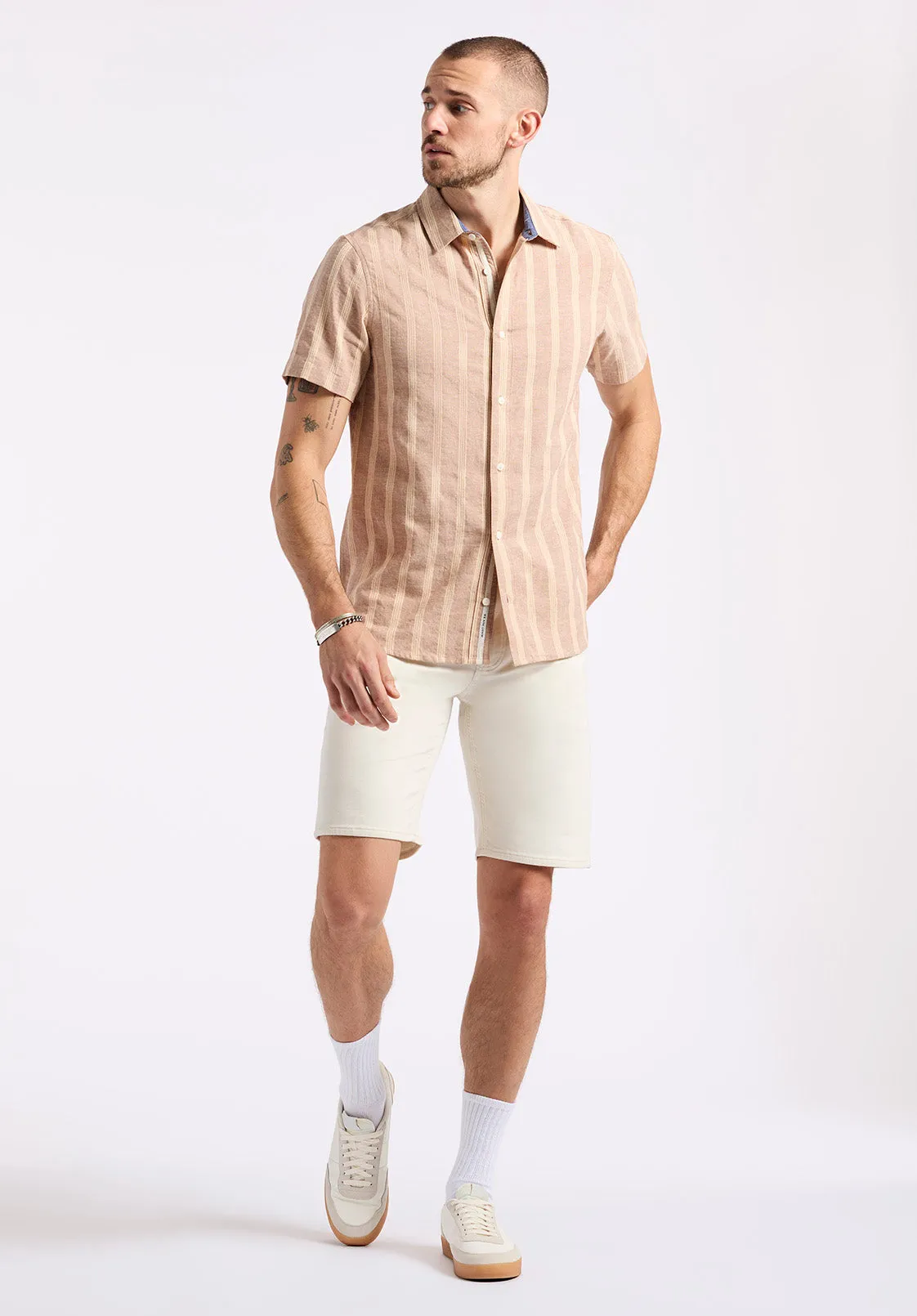 Sagrino Men's Short-Sleeve Striped Fitted Shirt, Woodsmoke Beige - BM24564 sold by Buffalo David Bitton product image thumbnail 5