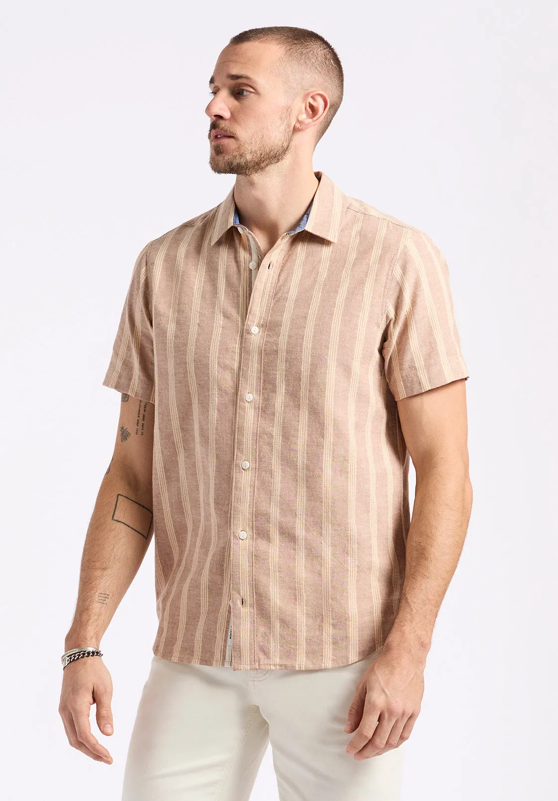 Sagrino Men's Short-Sleeve Striped Fitted Shirt, Woodsmoke Beige - BM24564 sold by Buffalo David Bitton product image thumbnail 3