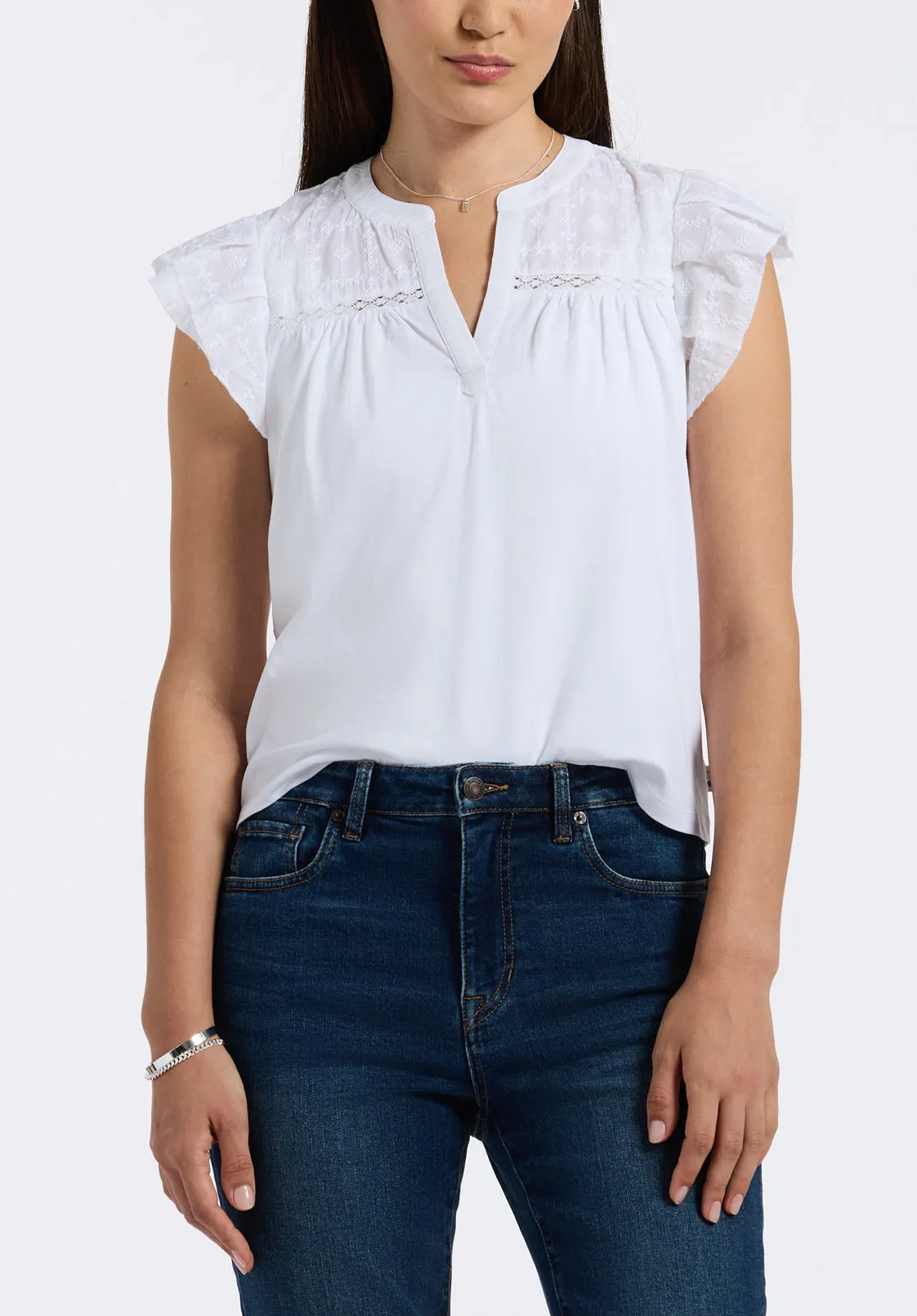 Mckaylie Women's Split Neck Top with Ruffle Detail, White - KT0210P sold by Buffalo David Bitton