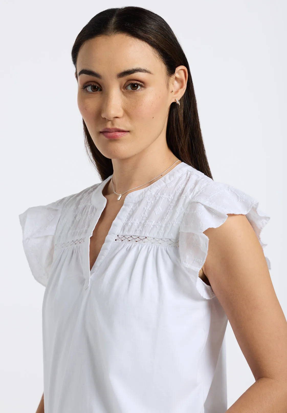 Mckaylie Women's Split Neck Top with Ruffle Detail, White - KT0210P sold by Buffalo David Bitton product image thumbnail 5
