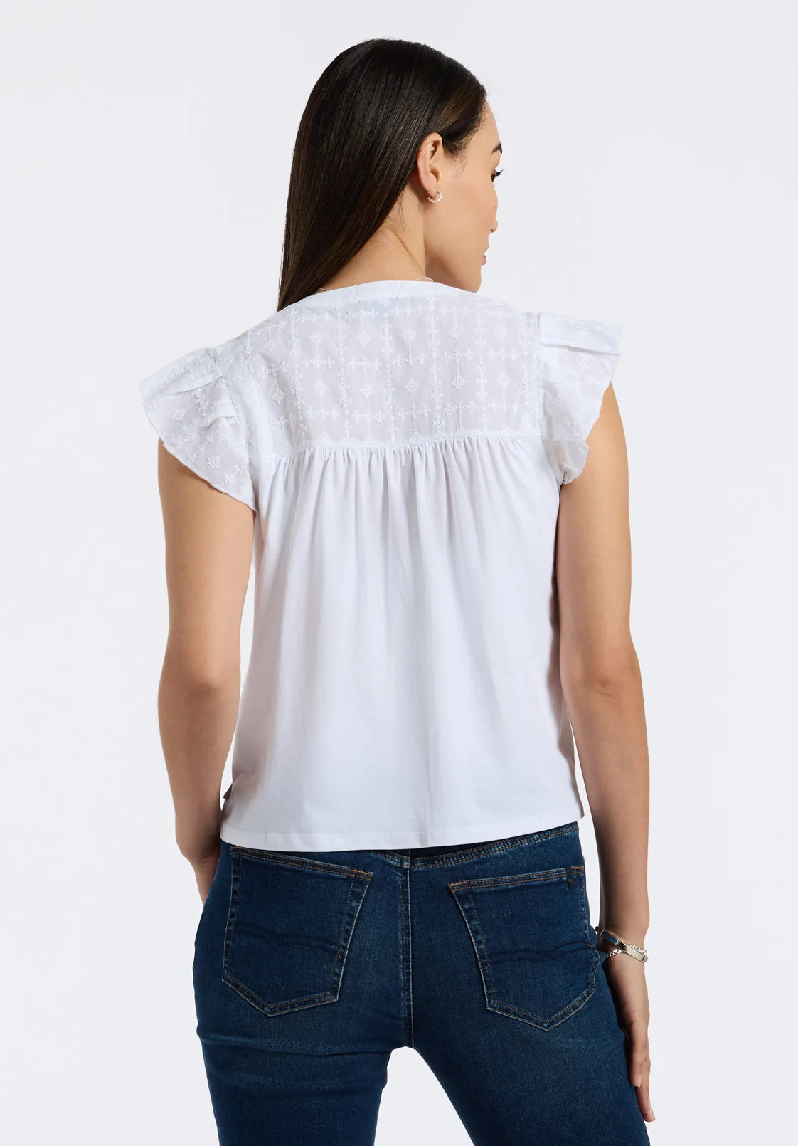Mckaylie Women's Split Neck Top with Ruffle Detail, White - KT0210P sold by Buffalo David Bitton product image thumbnail 3