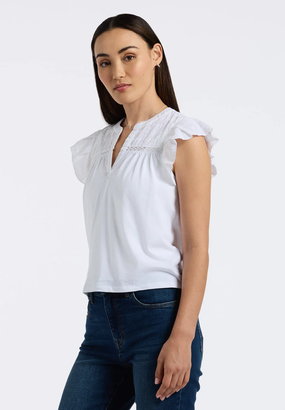 Mckaylie Women's Split Neck Top with Ruffle Detail, White - KT0210P sold by Buffalo David Bitton product image thumbnail 2