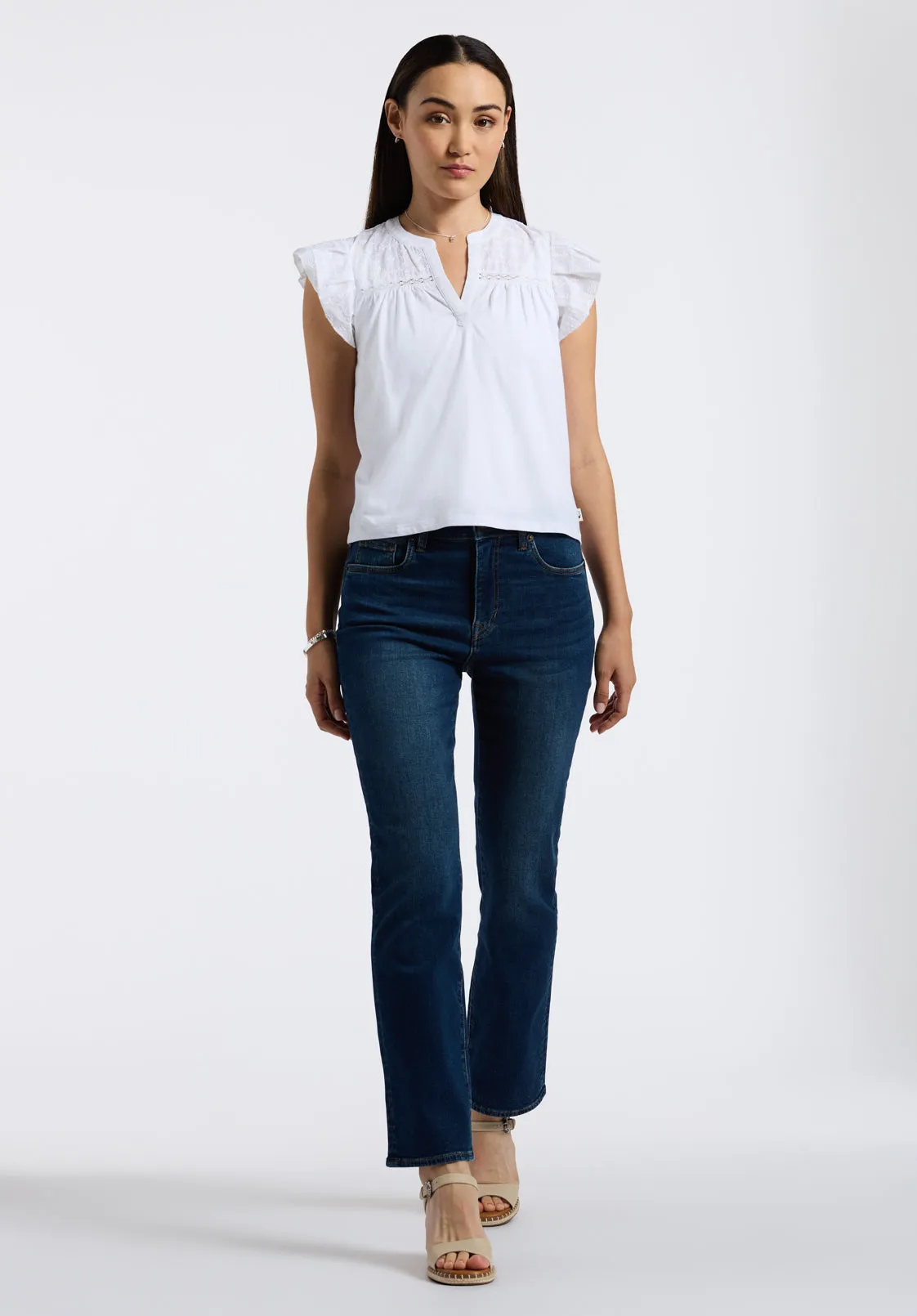 Mckaylie Women's Split Neck Top with Ruffle Detail, White - KT0210P sold by Buffalo David Bitton product image thumbnail 4