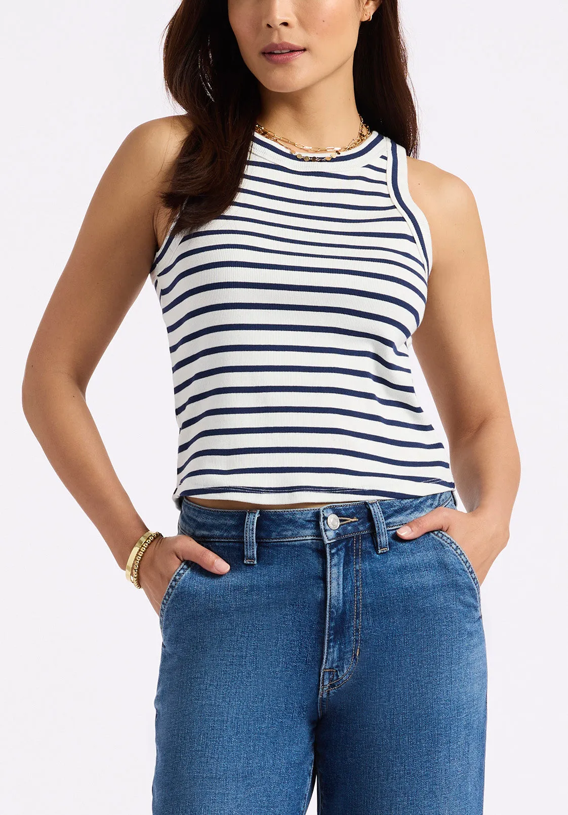 Regine Women's Ribbed Striped Tank Top, White & Navy - KT0175P sold by Buffalo David Bitton