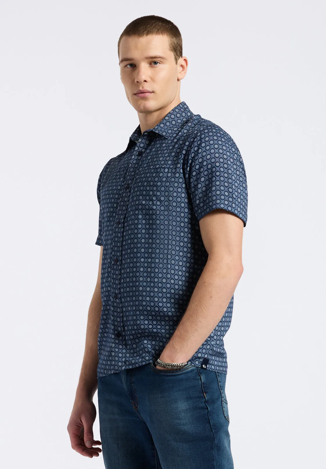 Sirilo Men's Short Sleeve Fitted Shirt with Geometric Print, Midnight Blue - BM24653 sold by Buffalo David Bitton product image thumbnail 3