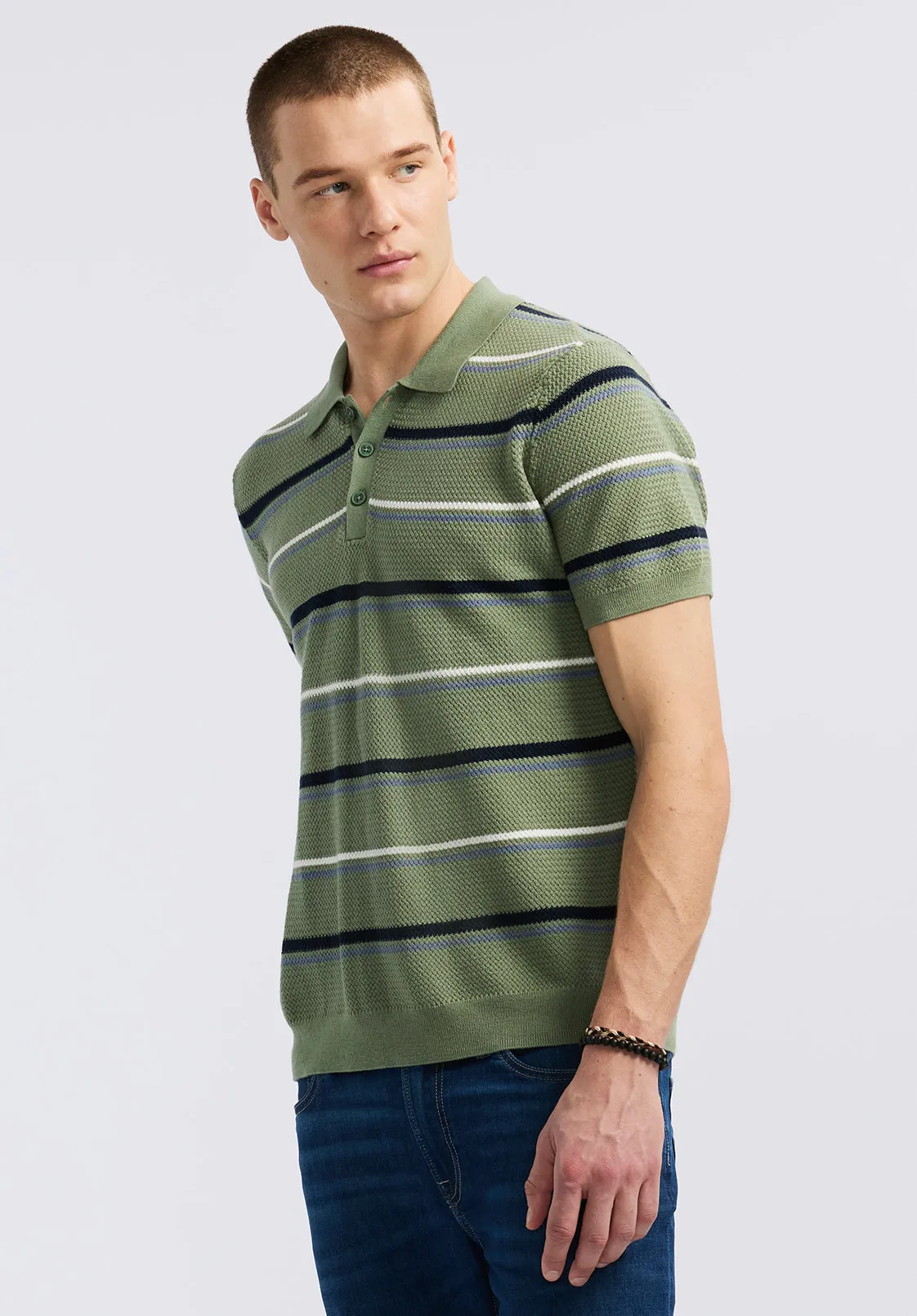 Winder Men's Short-Sleeve Striped Sweater Polo, Hedge Green - BM24622 sold by Buffalo David Bitton product image thumbnail 3
