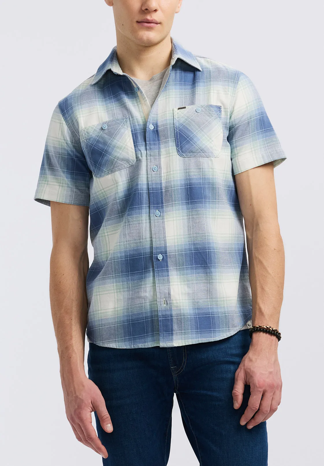 Sagrino Men's Short-Sleeve Plaid Fitted Shirt, Moonlight Blue - BM24618 sold by Buffalo David Bitton
